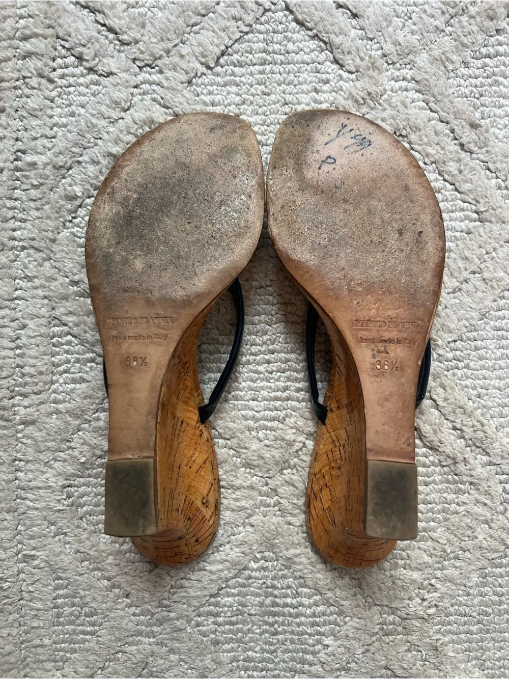 Manolo Blahnik vintage corkblock pattern navy flip flop wedges, size 38.5
